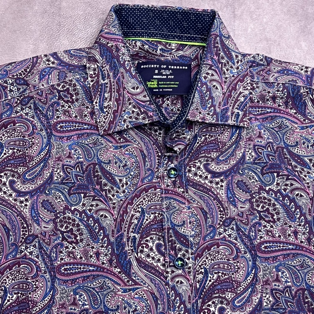 Society of Threads Paisley Shirt Mens Small Purple Regular Fit Long Sleeve EXCL